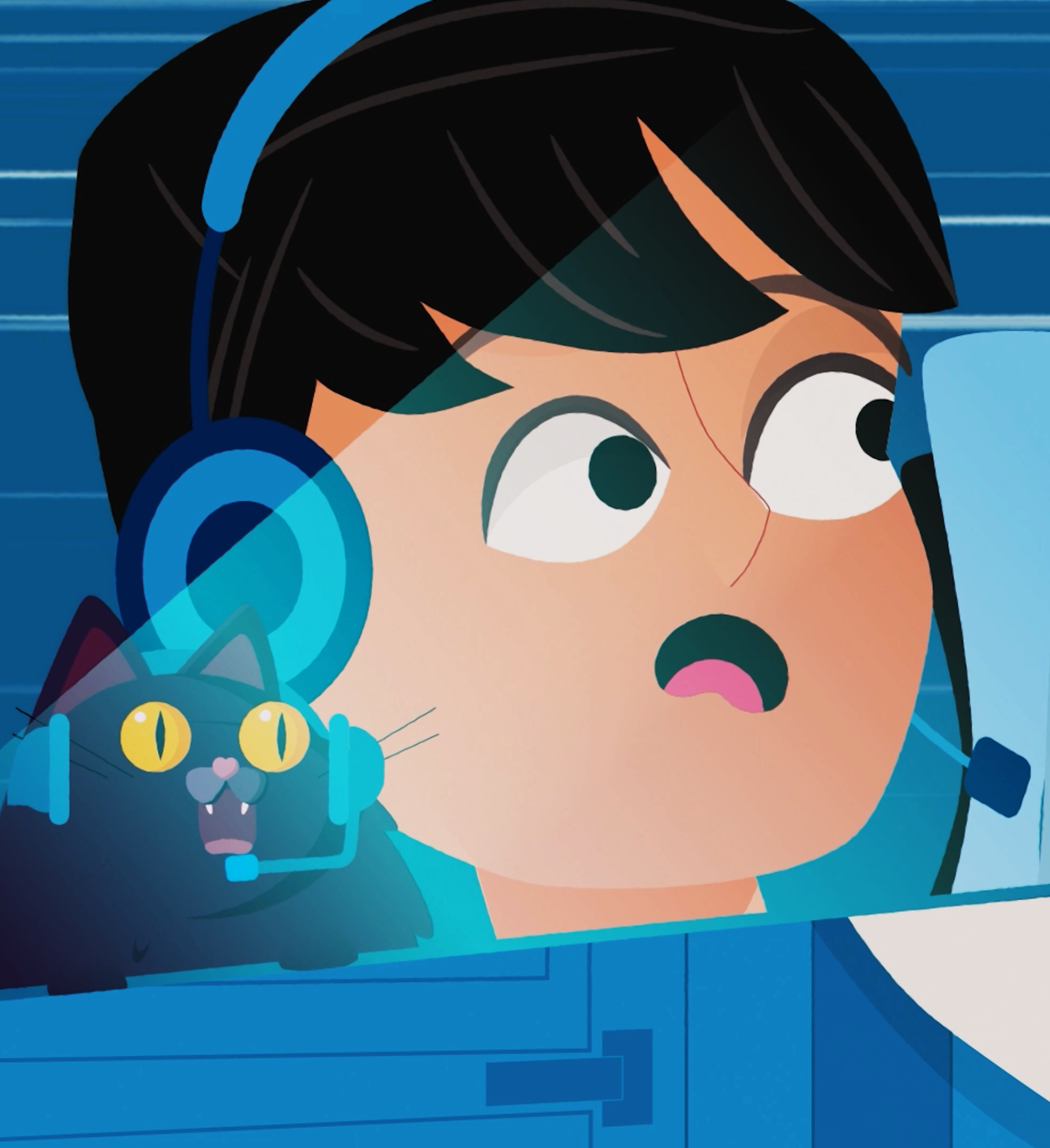 Animated scene of a surprised person wearing a headset next to a black cat also wearing a headset with yellow eyes and open mouth.