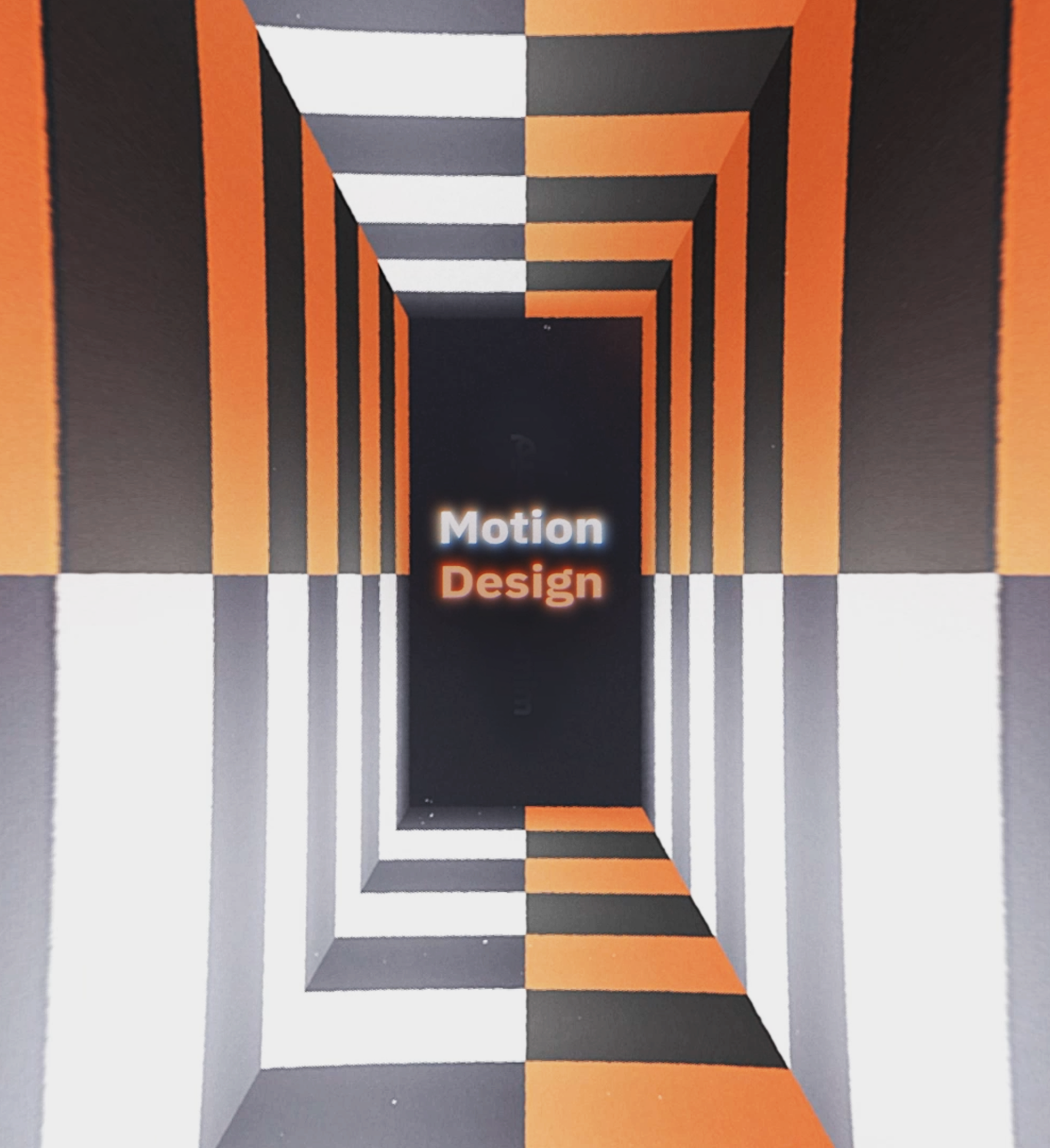 Tunnel-like geometric pattern with alternating orange, black, white, and gray horizontal stripes and the words 'Motion Design' in the center.