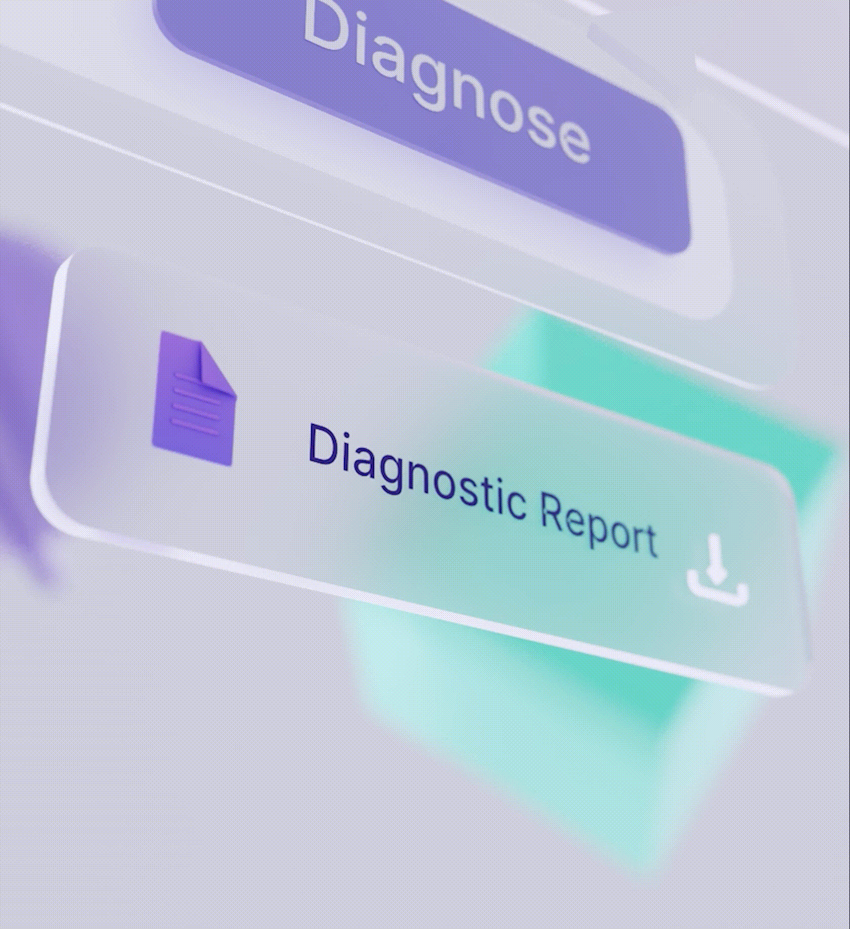 3D interface with a highlighted button labeled Diagnostic Report featuring a purple document icon and a download symbol.