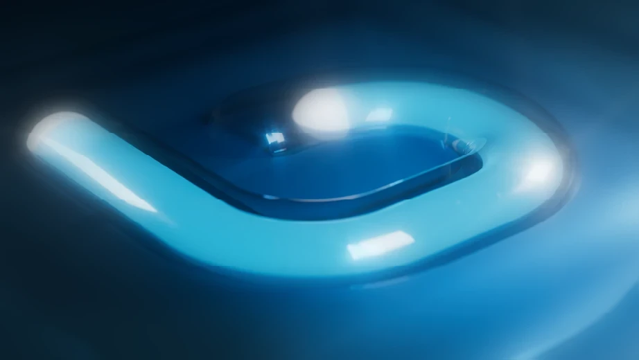 Blue liquid-glass Botim symbol glowing against a dark surface