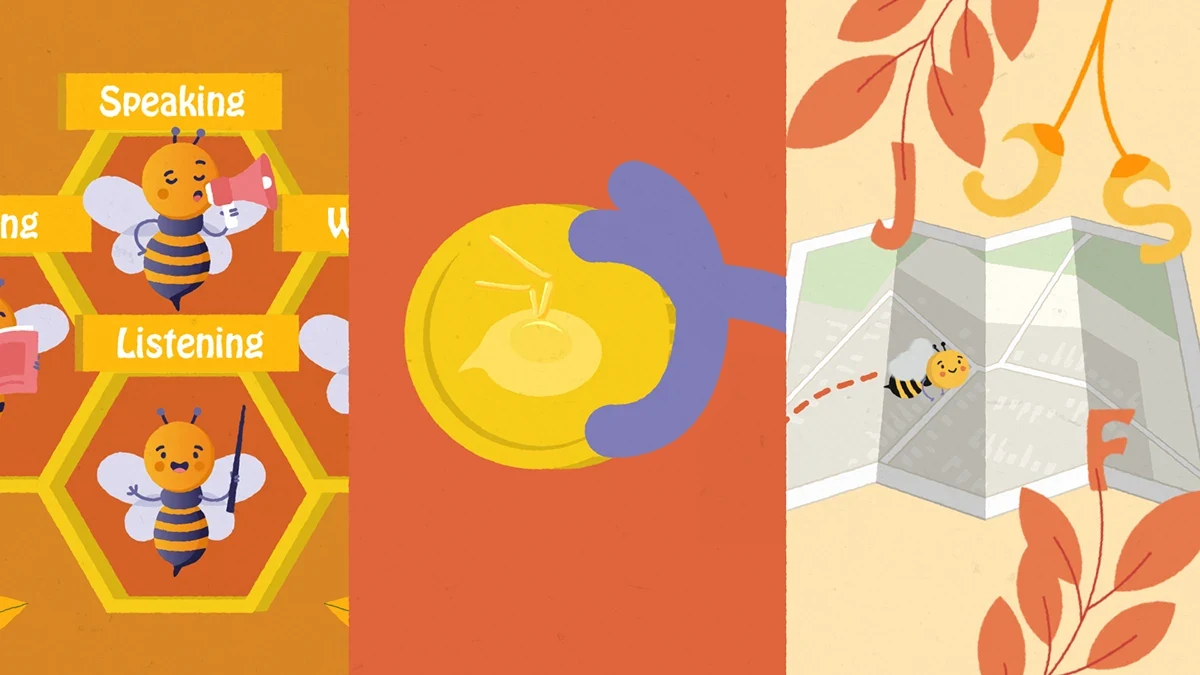 BeeAbee honeycomb English skills, honey, and learning scenes