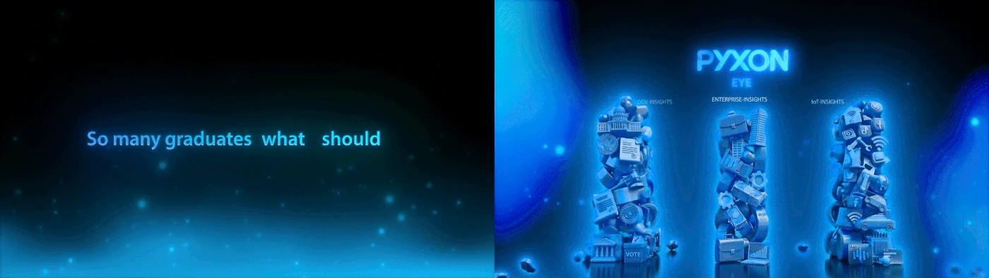PYXON opening sequence with fragmented information and blue data figures