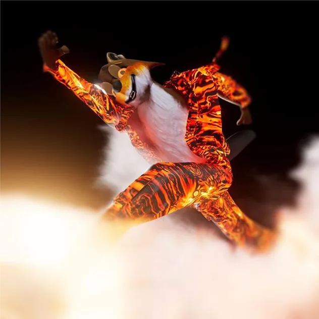Dheeb character in a dynamic fiery action render