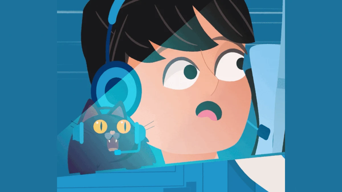 Close character reaction beside the Tamreen cat companion