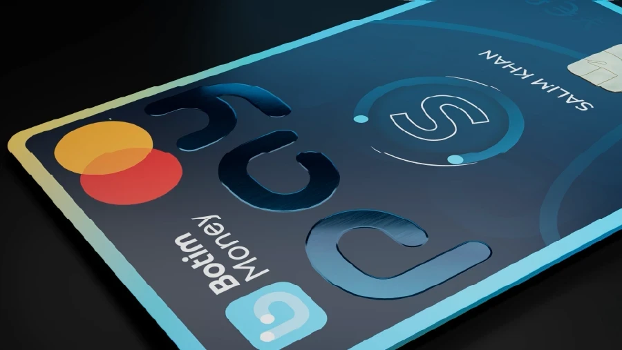 Botim prepaid card shown at a cinematic angle with a blue illuminated edge