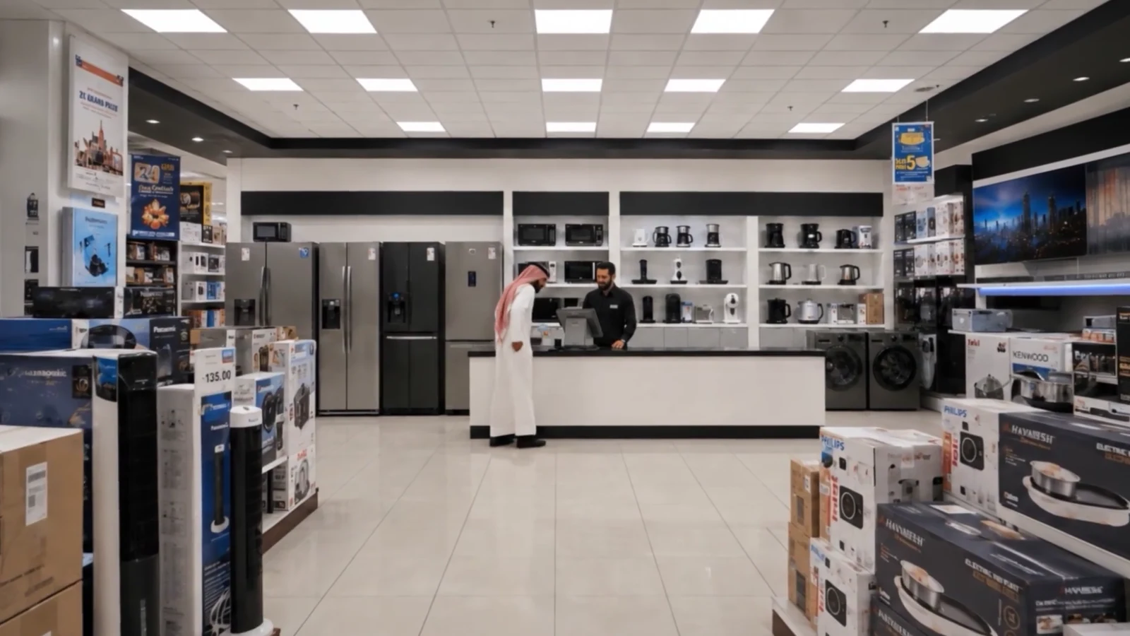 Wide view of a Saudi electronics and appliance store with the refrigerator section at the rear