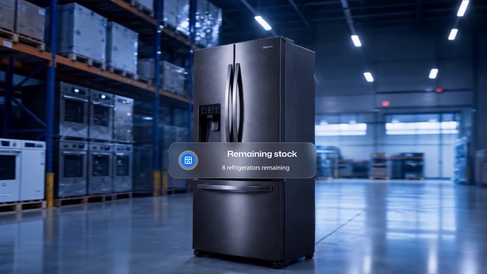 The hero refrigerator in a warehouse with a floating remaining-stock interface